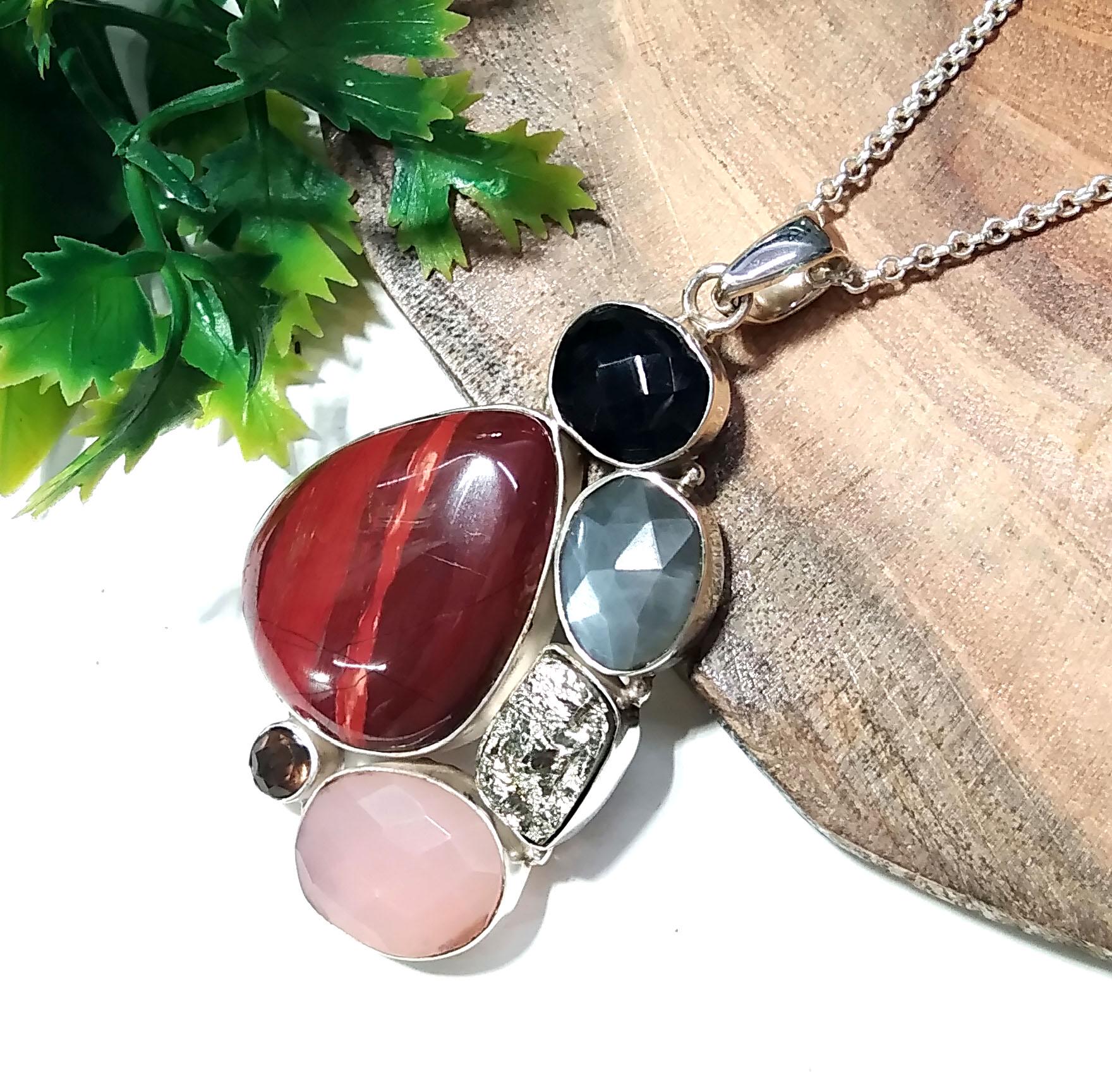 ALL Natural Gemstone Pendant, Red Jasper With Real Multi Stone Pendant, 925 Starling Silver Jewelry Pendant, Handmade Chain Necklace Pendant